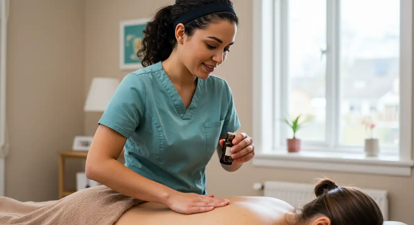 Female physiotherapist gently applying essential oils to a patient's lower back to alleviate muscle tension and spasms.