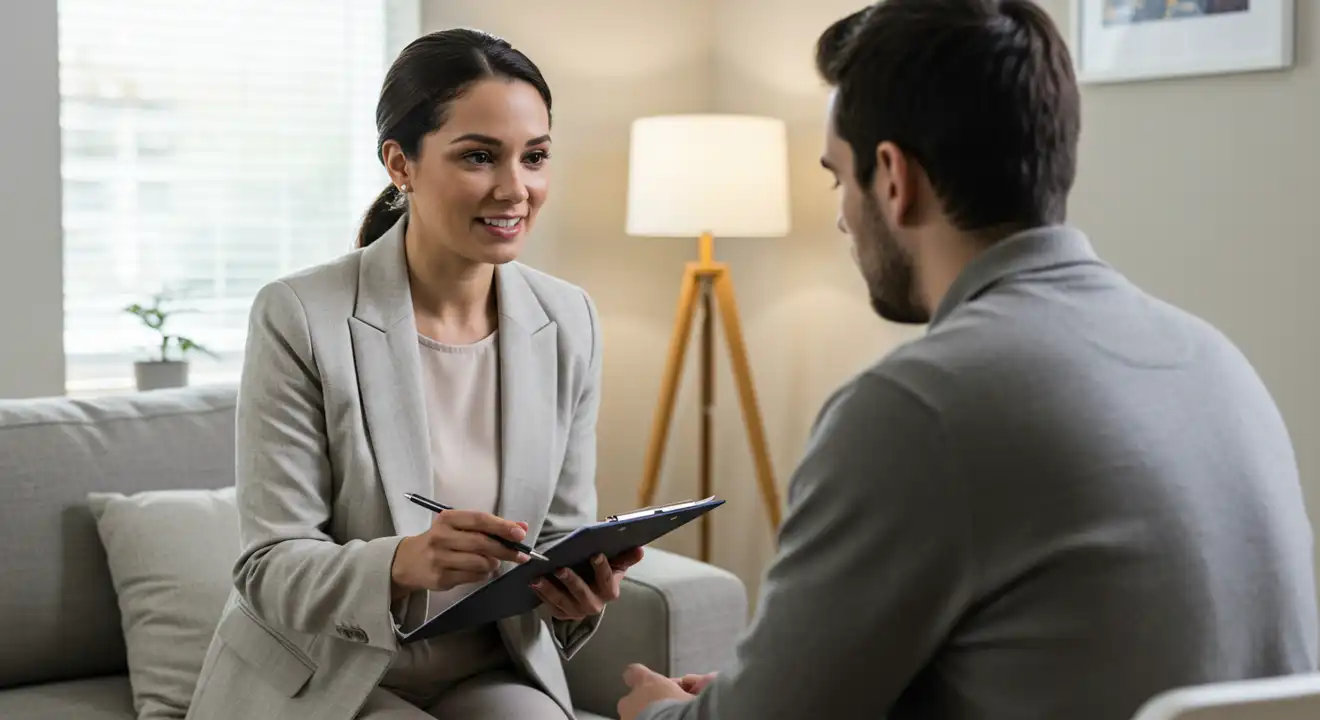 Psychologist listening attentively to a patient during a psychiatric evaluation.