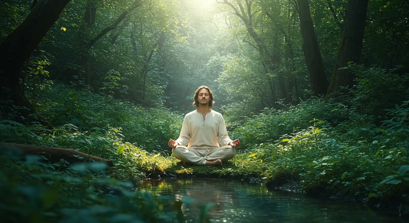 Person with eyes closed, peacefully meditating, representing guided meditation.