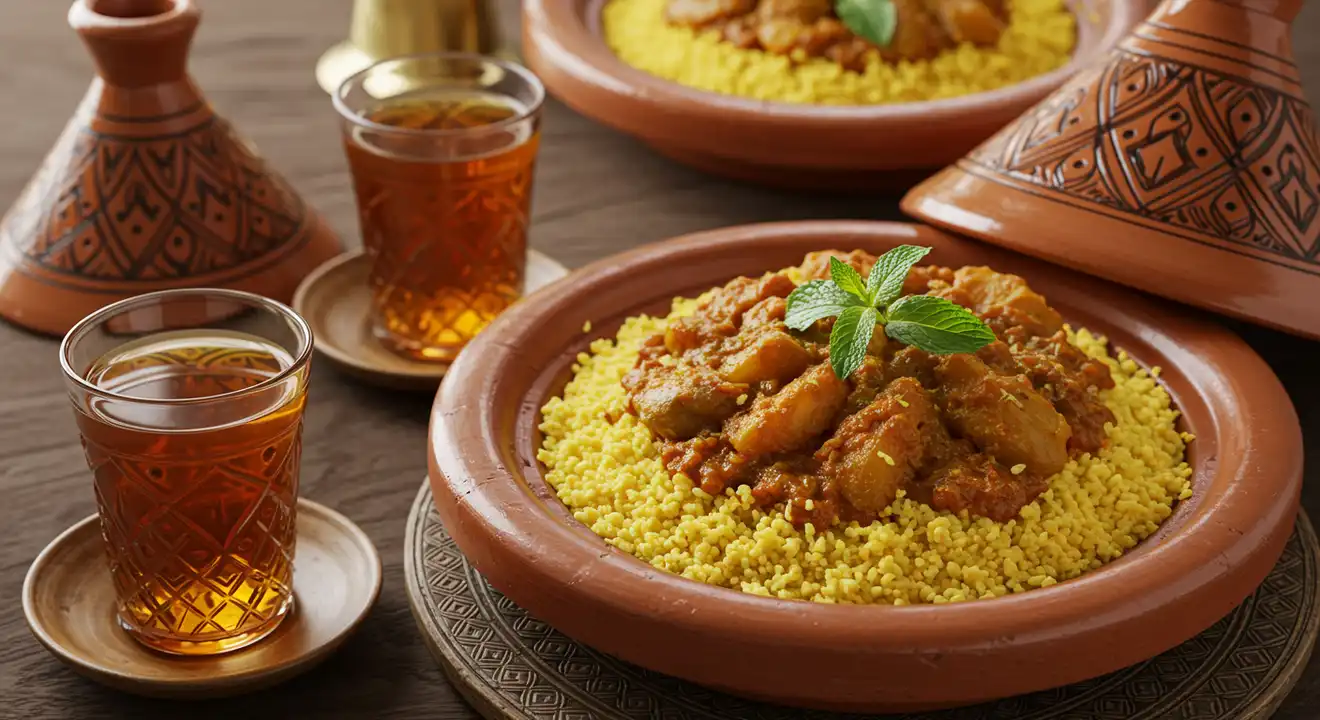 Moroccan Cuisine during a Moroccan holiday, expect a rich culinary experience featuring dishes like tagine (a slow-cooked stew), couscous (a staple grain), and harira soup (a lentil and tomato soup), alongside mint tea
