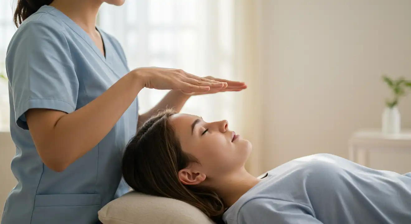 Hands gently hovering over a person, representing Reiki energy healing.