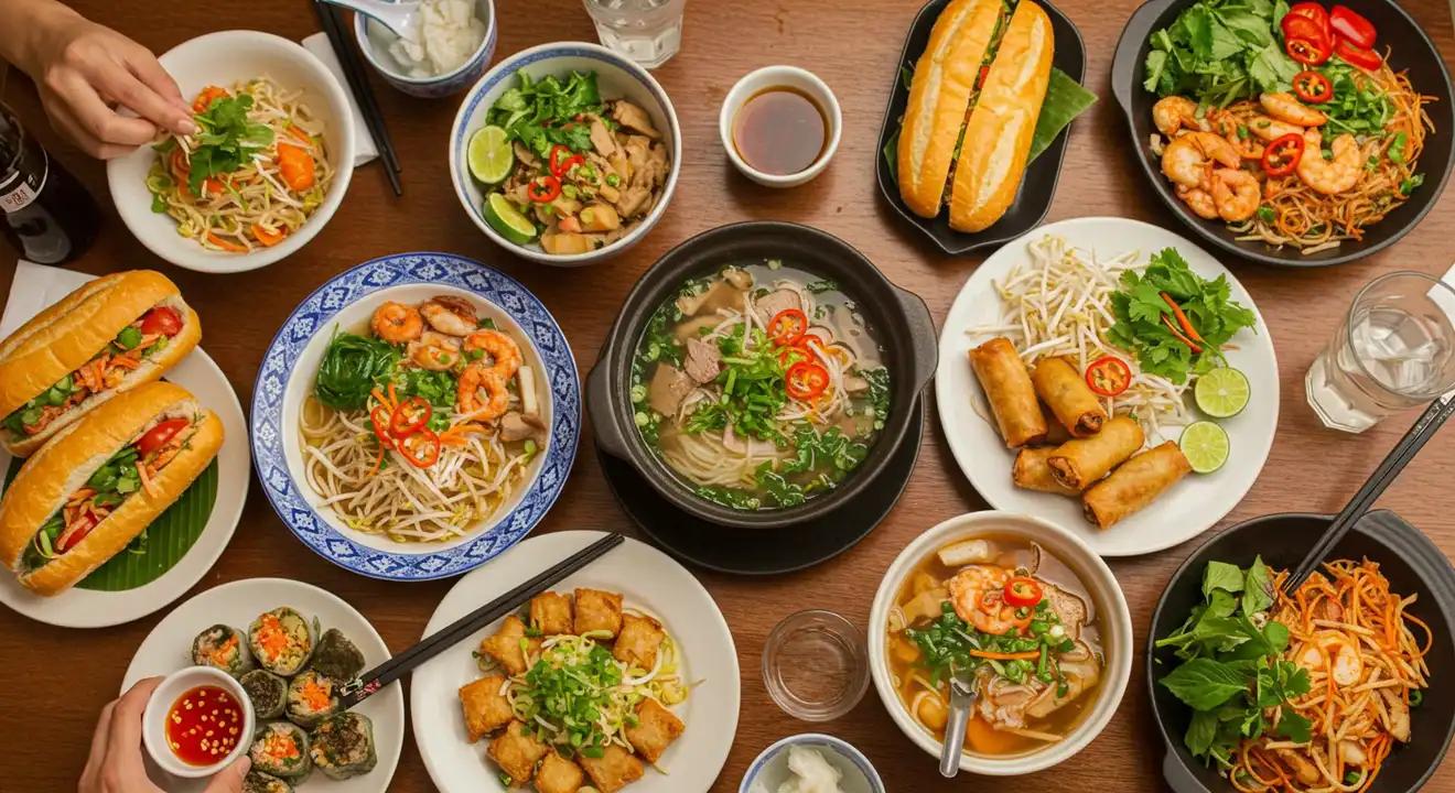 Vietnamese dishes like fresh spring rolls (gỏi cuốn), savory pancakes (bánh xèo), and dishes highlighting fresh herbs and vegetables from the local farms, often enjoyed with family and community