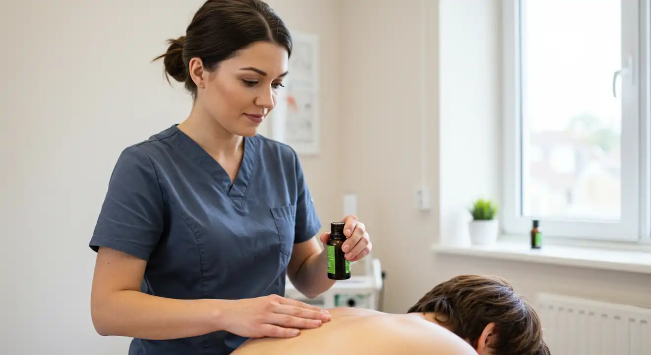 Image of a physiotherapist using aromatherapy on a patient's back for therapeutic purposes.
