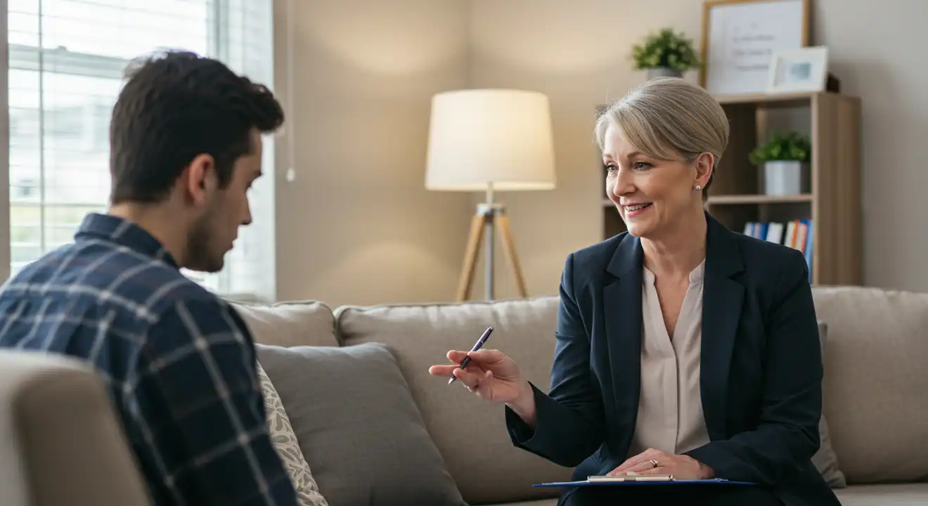 Image of a psychologist educating a patient about their psychiatric evaluation and medication management plan.