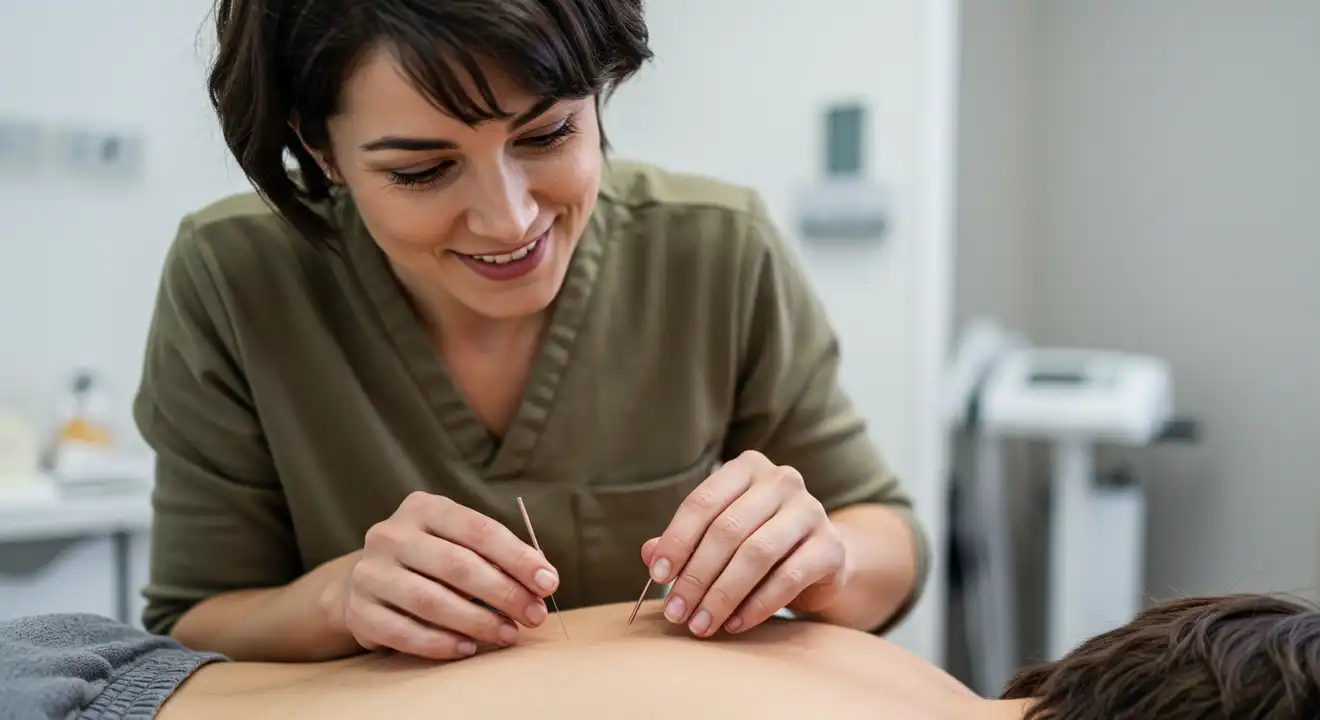 Close-up of acupuncture needles gently placed on a patient's skin, highlighting the precision of the treatment.