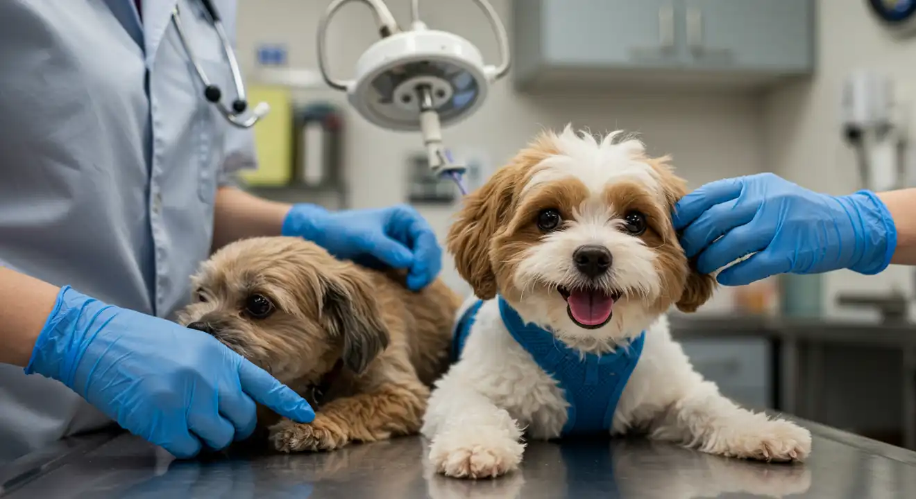 Pet information form with sections for owner details, pet details, and medical history