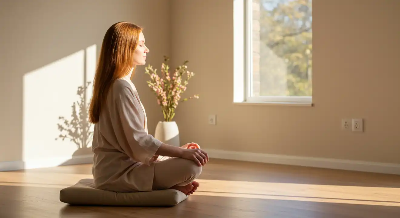 Person meditating with eyes closed in a peaceful setting.