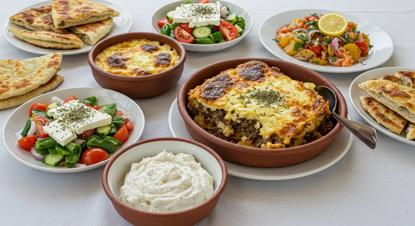 Greek Culinary served on a typical Greek Sunday, families often gather for a hearty lunch, which might include traditional dishes like moussaka, souvlaki, or spanakopita, alongside Greek salads and other regional specialties