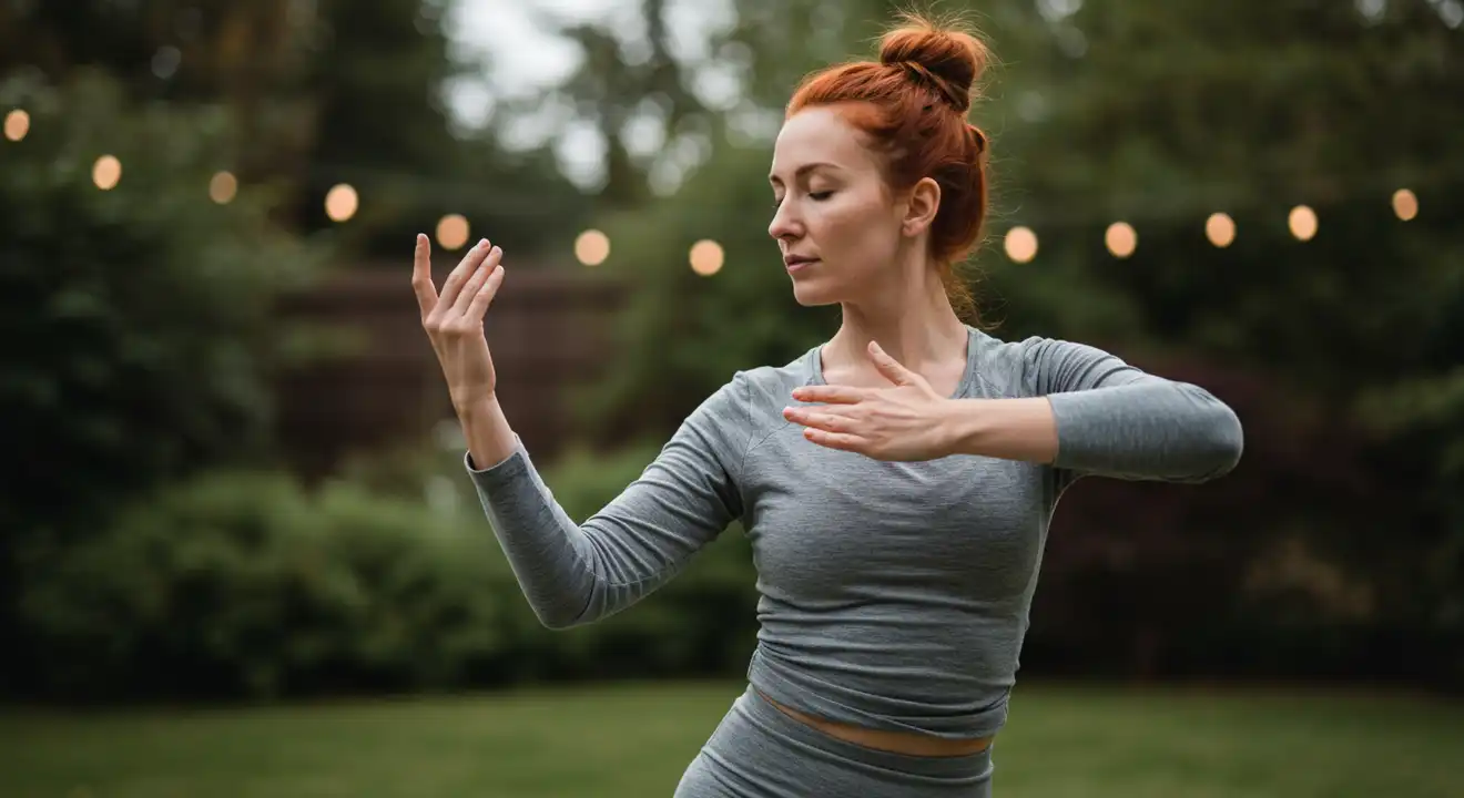 A person performing Tai-Chi in a natural setting, such as a garden, symbolizing harmony with nature and energy flow.