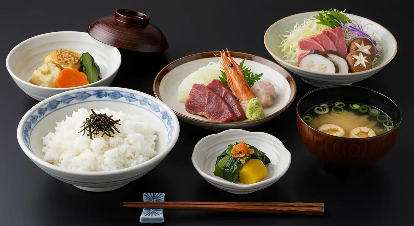 Japanese gastronomy, or "washoku,", a culinary tradition emphasizing seasonal ingredients, simplicity, and the natural flavors of food, with rice, miso soup, and side dishes forming the core of a meal