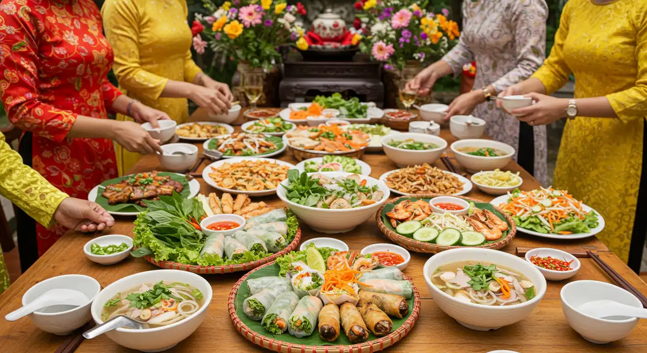 Vietnamese wedding cuisine, known for its fresh ingredients and balanced flavors, reflecting a cultural emphasis on sharing and community