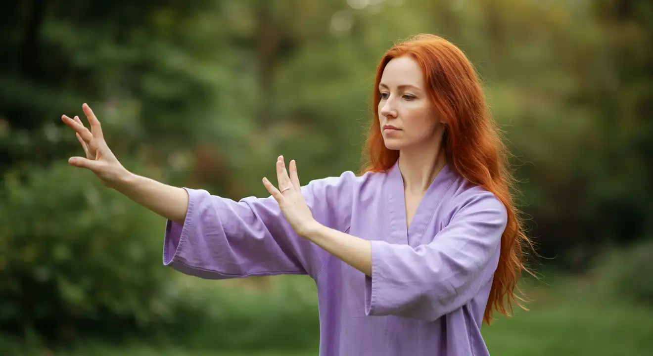 Image of a person performing a slow, flowing Tai-Chi movement, representing gentle energy flow.