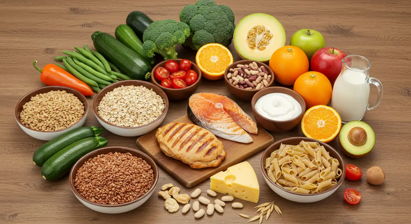 Image of a colorful plate filled with fruits, vegetables, and whole grains, representing nutritious diet planning.