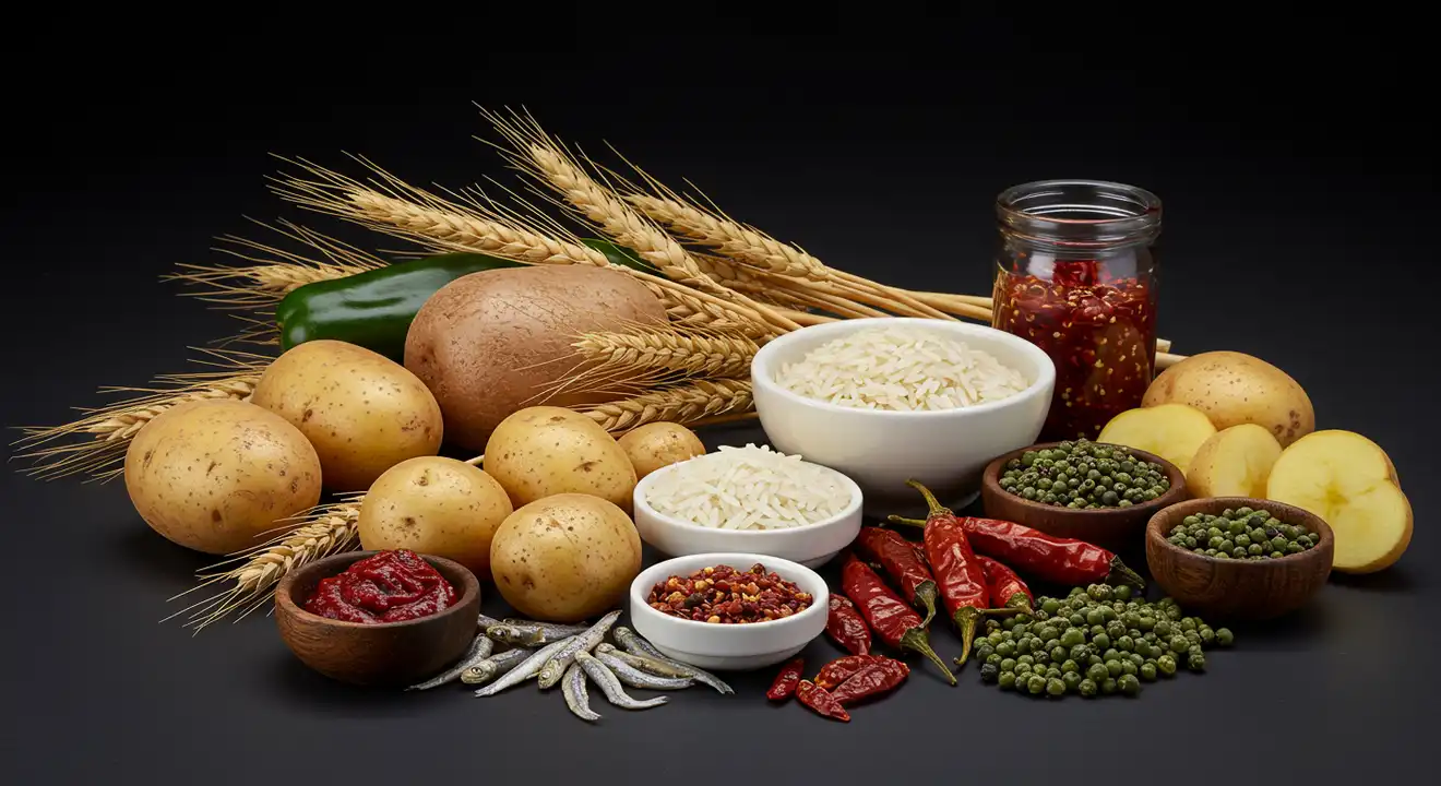 Diverse culinary ingredients from various regions, including rice, wheat, potatoes, and unique spices like gochujang and green peppercorns