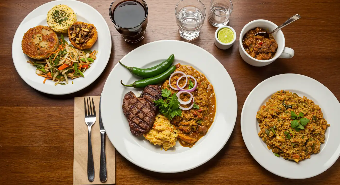 South African cuisine served during dinner, vibrant mix of African, Dutch, French, Indian, and Southeast Asian influences, known for hearty, flavorful dishes like biltong, bunny chow, bobotie, and braai (barbecue)