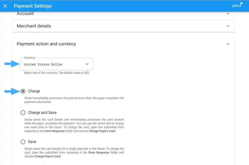 Choosing the currency and payment action