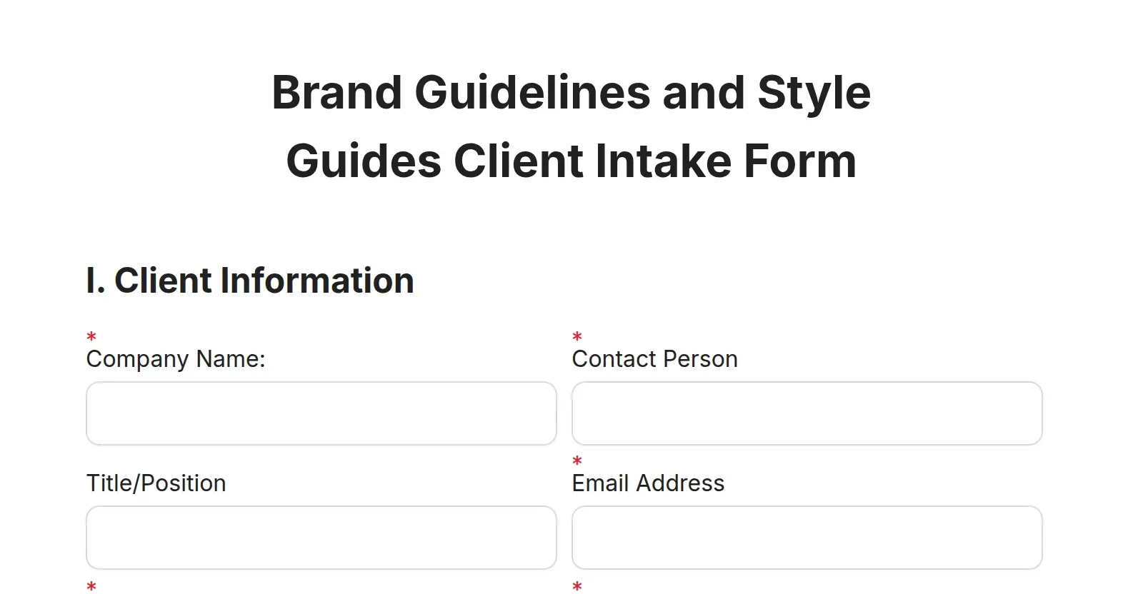 Corporate Intake Call Guide Examples Brand Guidelines and Style Guides Client Intake Form