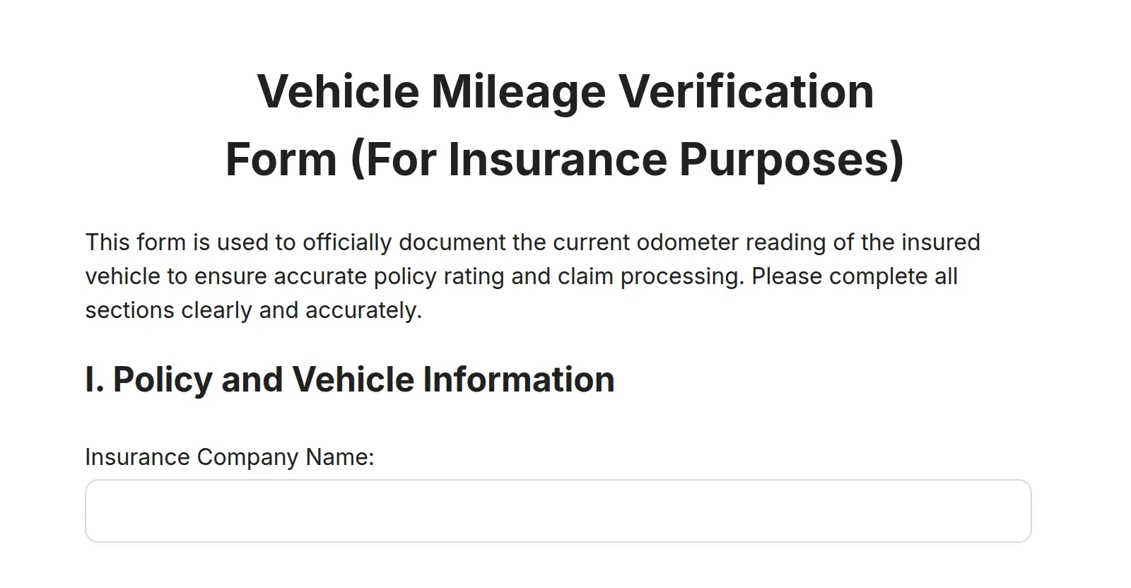 Vehicle Mileage Verification Form (For Insurance Purposes)