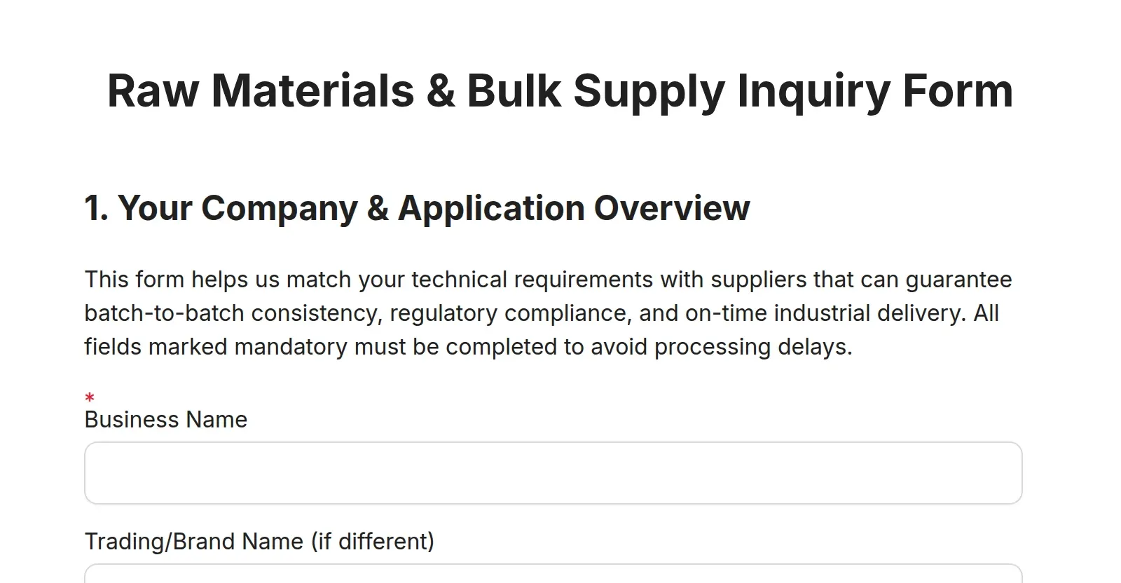 Raw Materials & Bulk Supply Inquiry Form