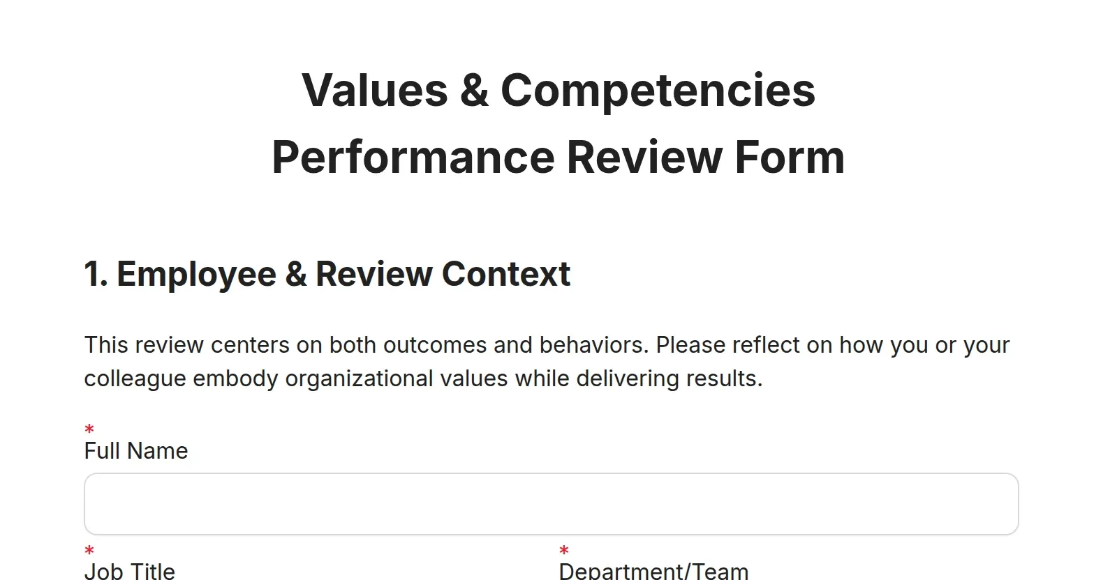 Values Based Performance Reviews Values & Competencies Performance Review Form