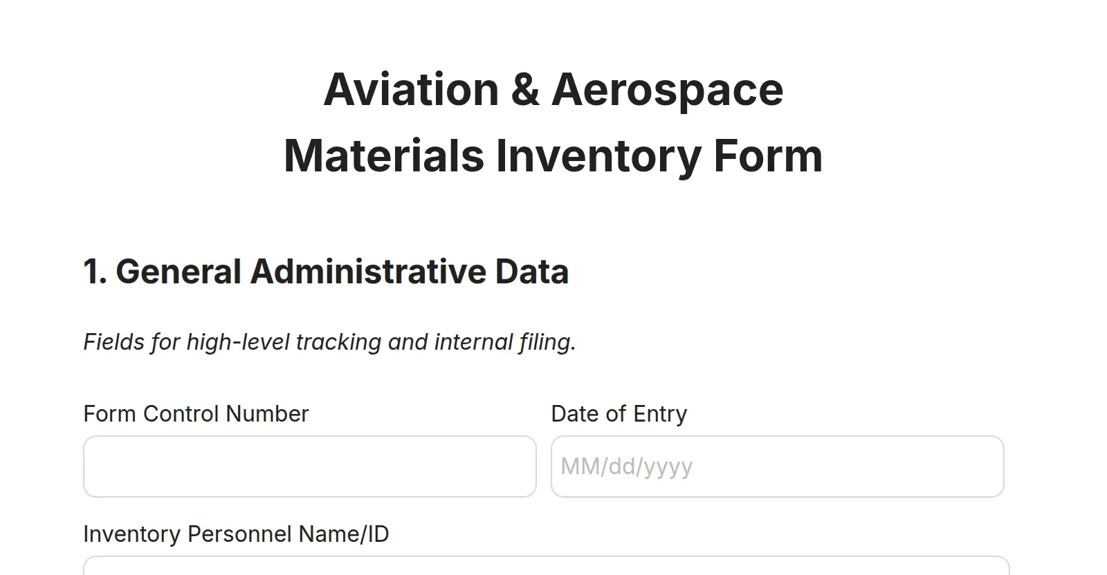 Aviation & Aerospace Materials Inventory Form