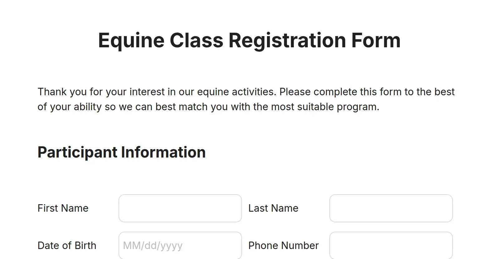 Equine Class Registration Form