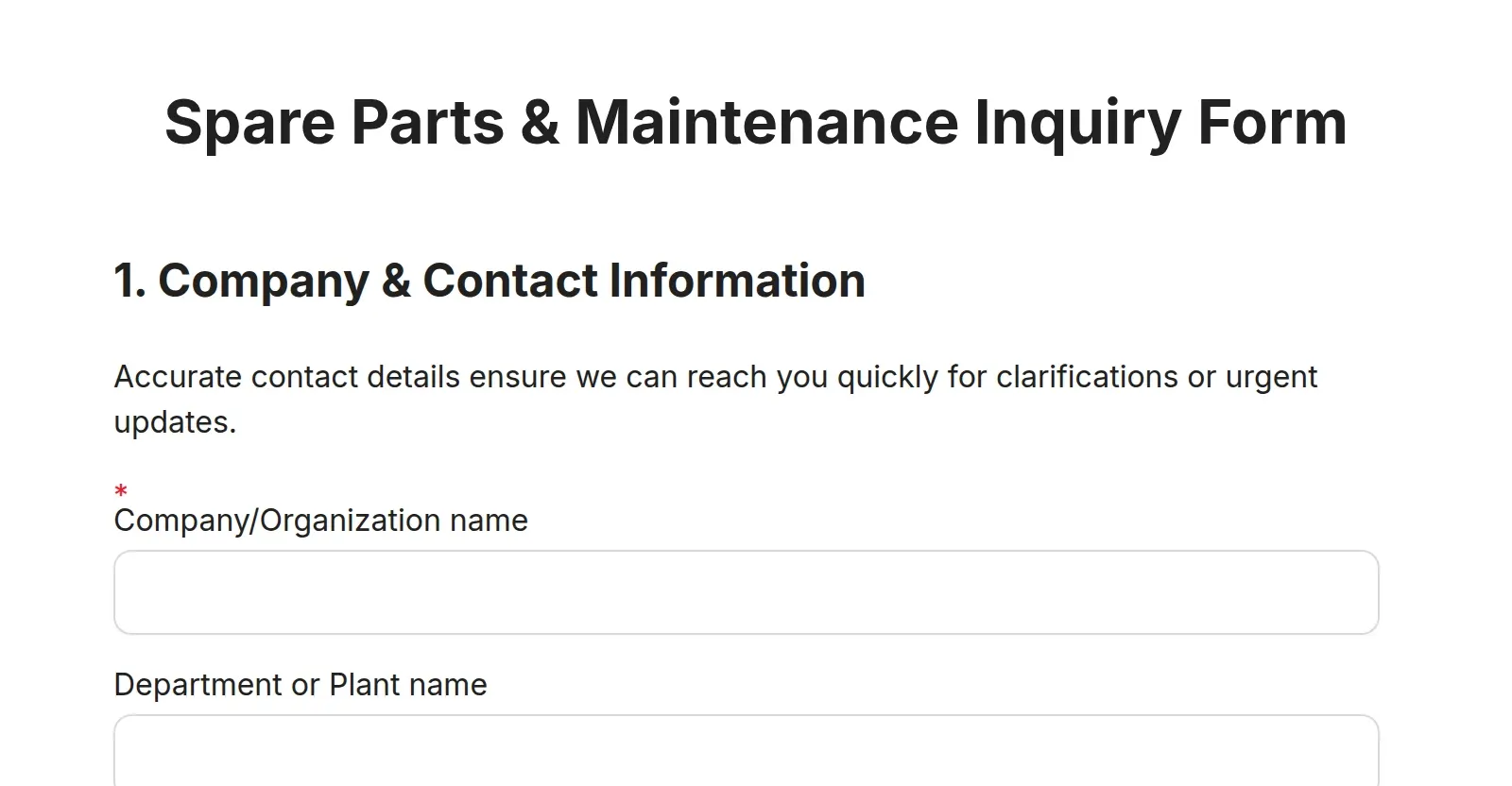 Spare Parts & Maintenance Inquiry Form