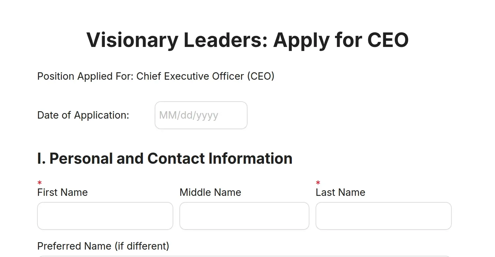 Ceo Application Example Chief Executive Officer (CEO) - Job Application Form